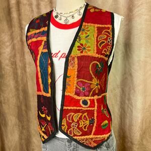 Vintage Patchwork Vest Multicolor Embroidered Floral Bird Sleeveless Open Front